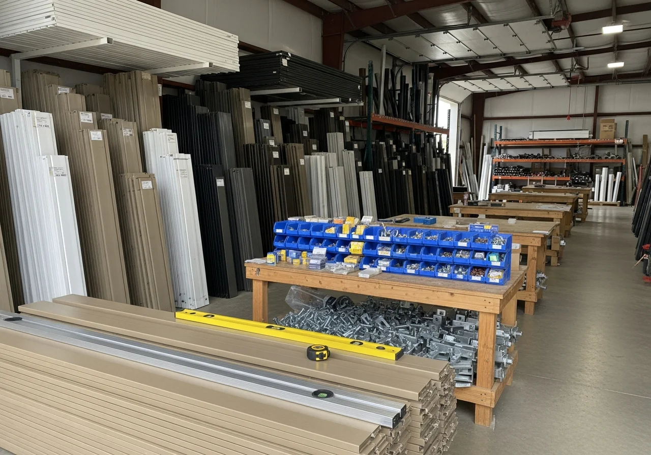 Fence installation crew with tools and materials on a residential property. Shop floor with stacked fence panels and gate hardware ready for assembly.