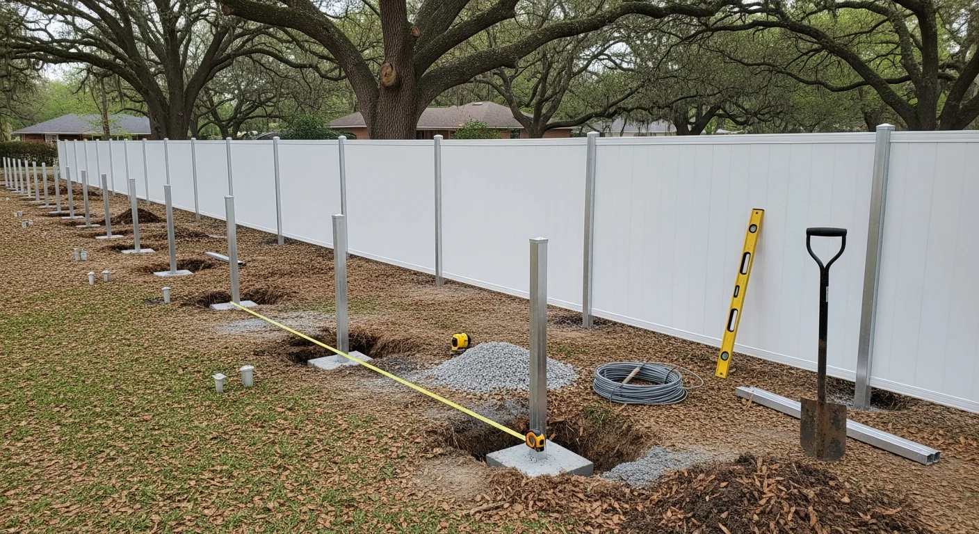 A newly installed aluminum picket fence running along the backyard of a residential property in Watson, Louisiana. The powder-coated panels are evenly spaced and set on level posts with a green lawn visible behind the fence line.