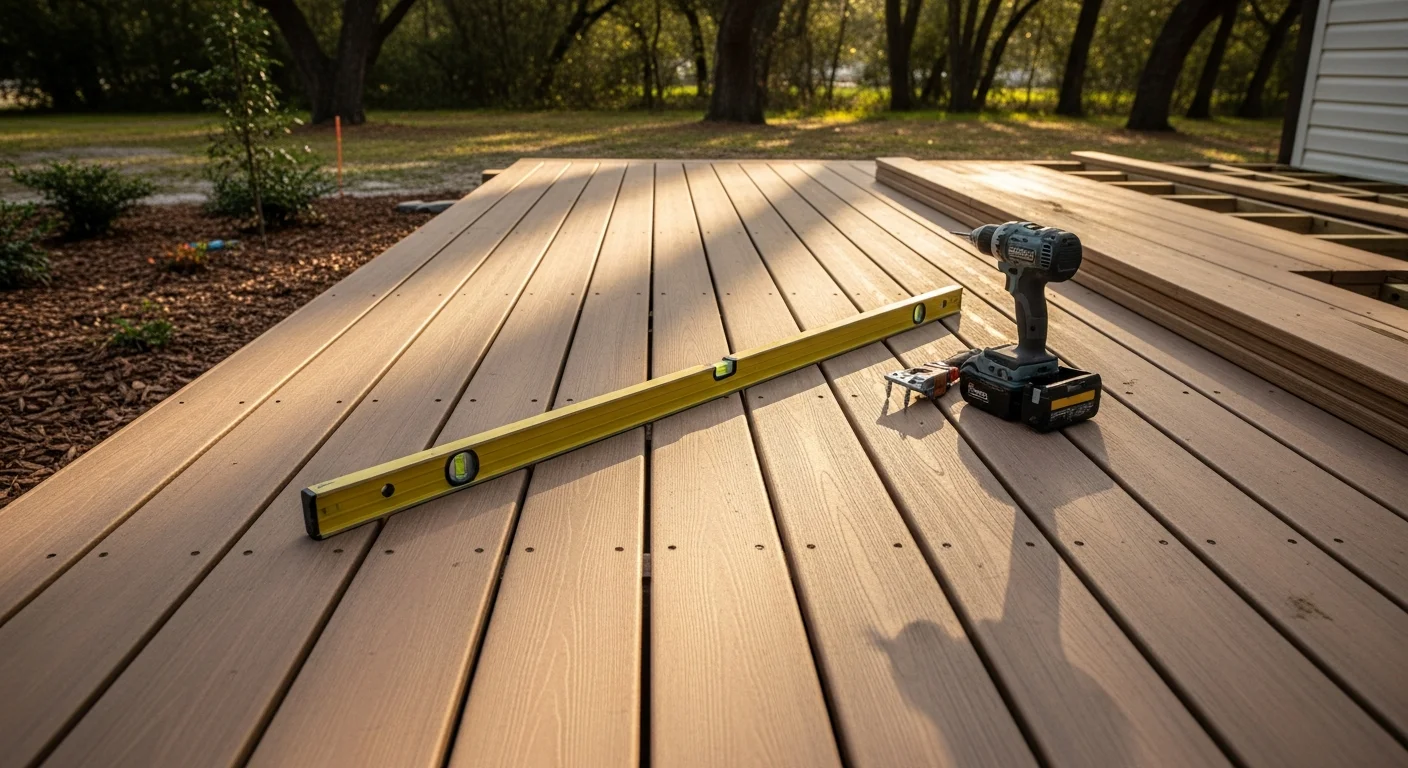 A newly installed composite deck behind a residential home in Watson, Louisiana, featuring evenly spaced boards and a clean railing line. The deck extends from the back door across a grassy yard under a partly cloudy Louisiana sky.