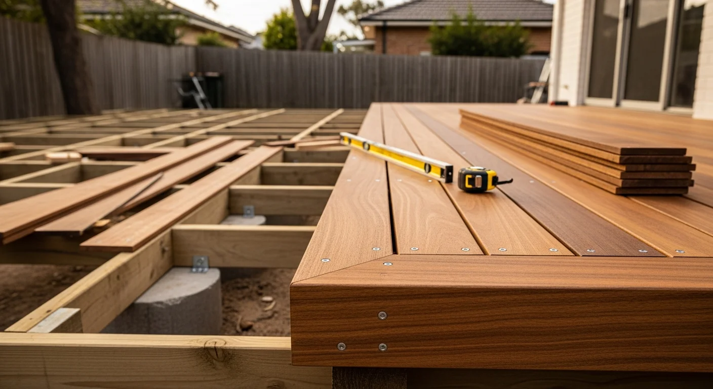 A newly built timber deck attached to the rear of an established Watson home, with clean board lines, a stepped entry, and a backyard setting typical of Canberra's inner-north suburbs. The structure shows a finished sub-frame with proper spacing and galvanized fixings visible at the stair posts.