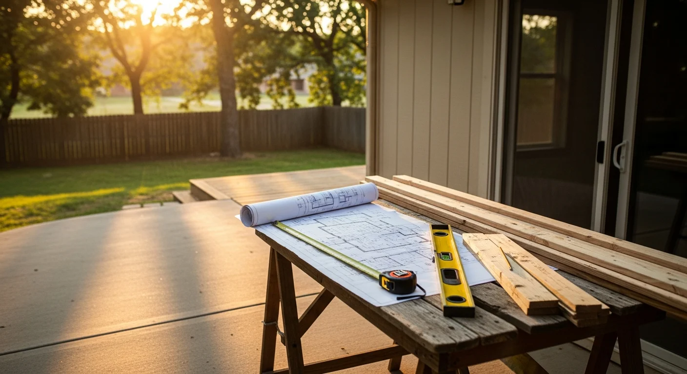 A deck contractor reviewing a design plan with a homeowner in a residential backyard in Watson, Texas. The image shows an open yard space being assessed for a new deck layout.