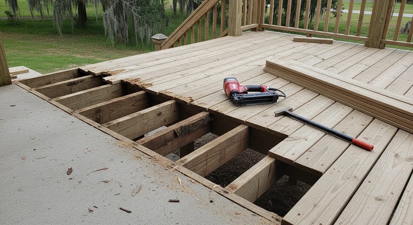 A repaired residential deck in Watson, Louisiana, with replaced boards, secure railings, and a clean surface ready for outdoor use. The deck shows fresh decking alongside original framing on a single-family home backyard.