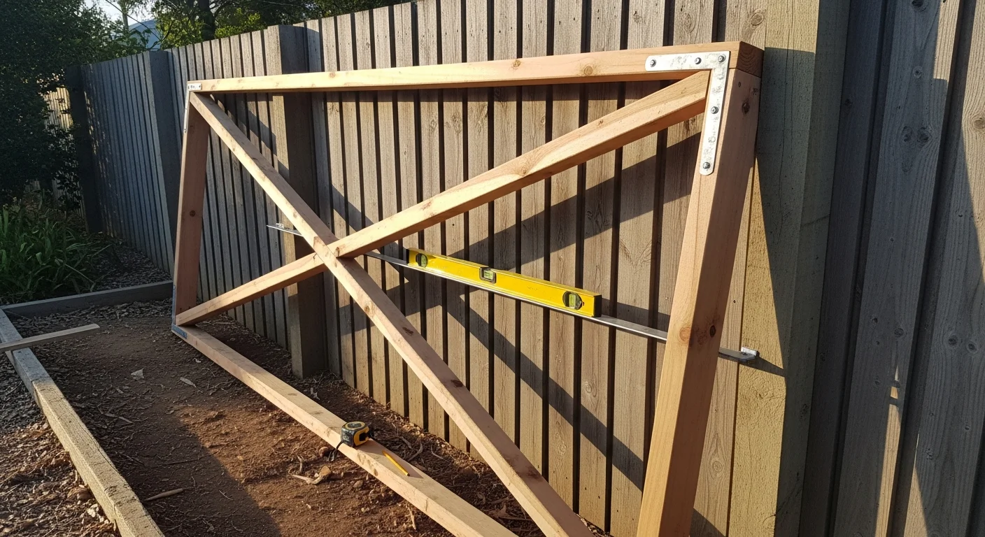 A completed DIY gate frame fitted between two timber fence posts in a Watson residential backyard, with timber pickets attached and a latch mounted on the closing side. The gate sits level and flush with the surrounding fence line.