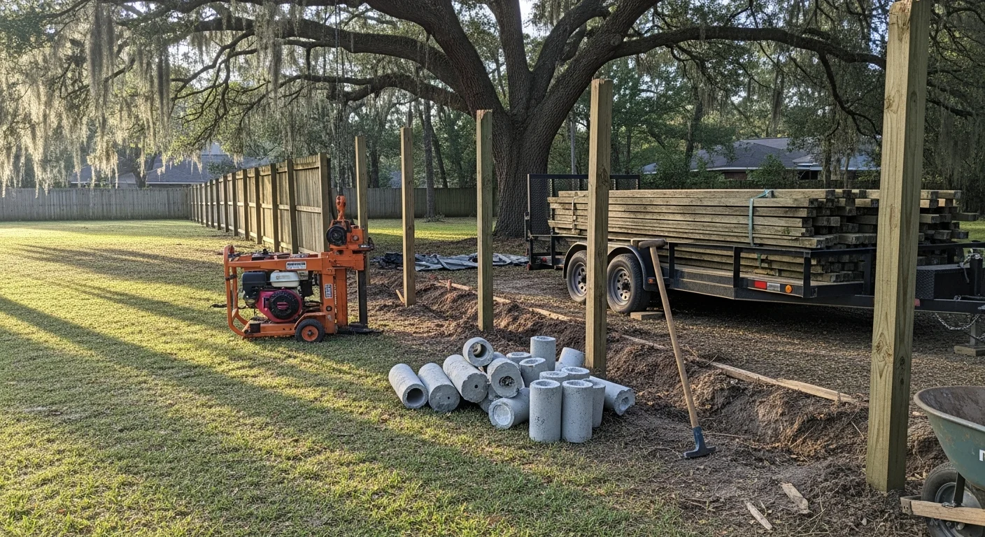 Old wooden fence panels and posts removed from a residential yard in Watson, Louisiana, with cleared ground ready for a new fence installation. Debris is stacked and loaded for disposal by a fence removal crew.