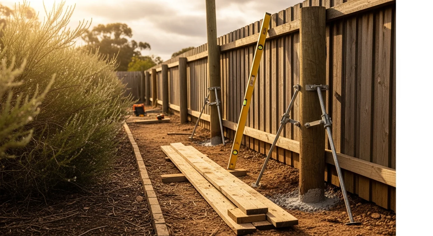 A repaired timber fence along a residential boundary in Watson, ACT, with a straightened post and replaced pickets. The fence runs alongside a suburban backyard with established garden beds visible in the background.