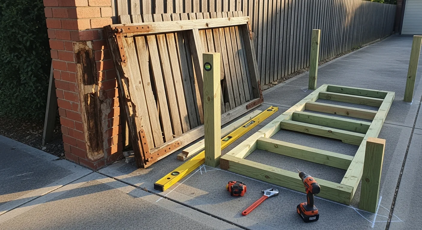 A newly installed replacement gate at a residential property in Watson, ACT, with aligned posts and a secure latch on a side access entry. The gate sits flush with an existing fence line on a suburban block.