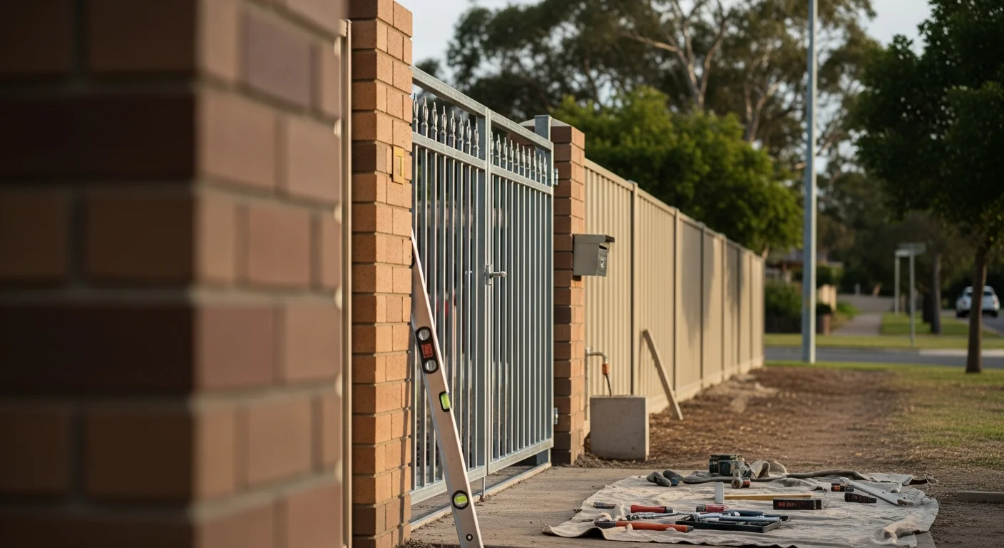 A powder-coated steel swing gate installed at the front driveway entry of a residential property in Watson, ACT. The gate is set between rendered brick posts with a matching fence line visible on either side.