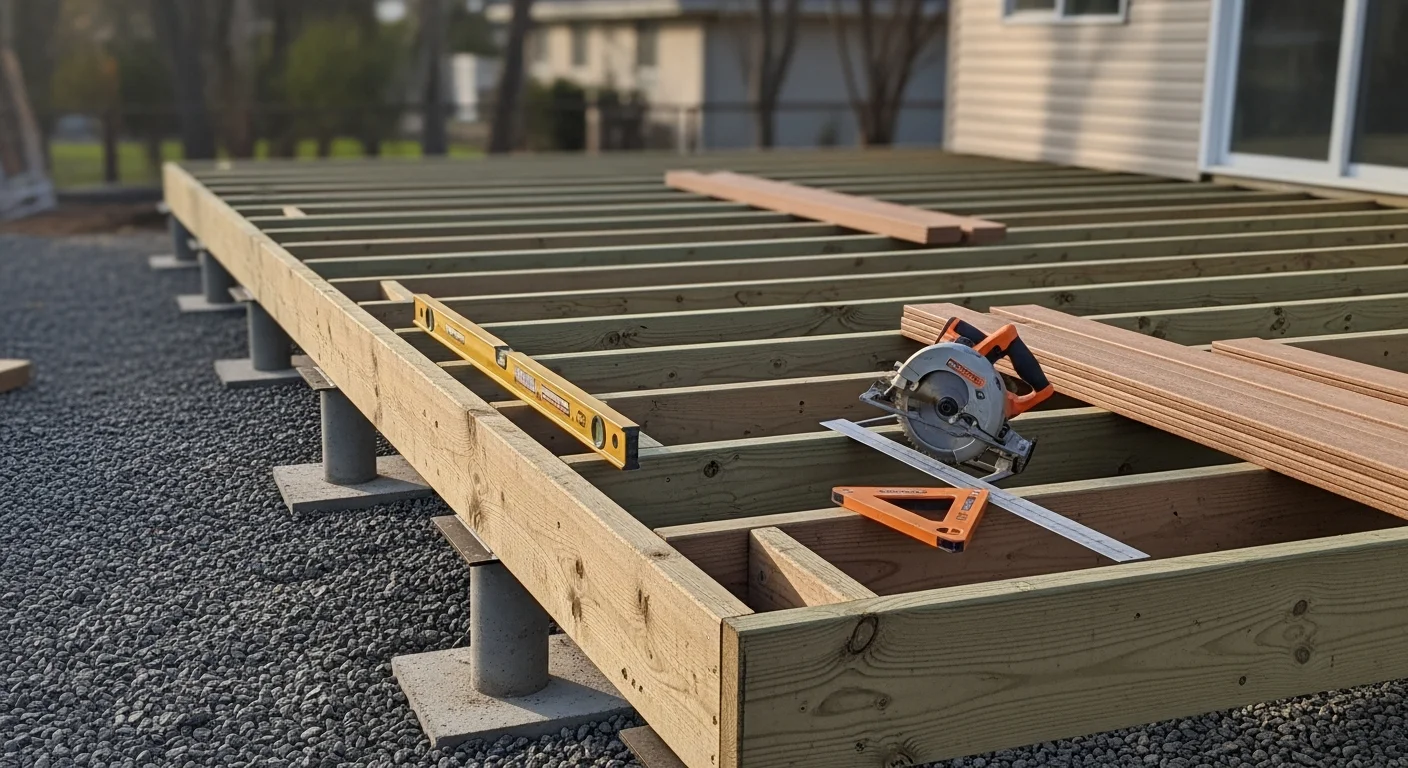 A newly installed residential deck attached to the back of a Watson home, featuring a wood decking surface, code-compliant railings, and built-in stair access to the backyard. The structure sits level against the home's rear entry on a graded lot typical of Watson's ranch-style residential properties.