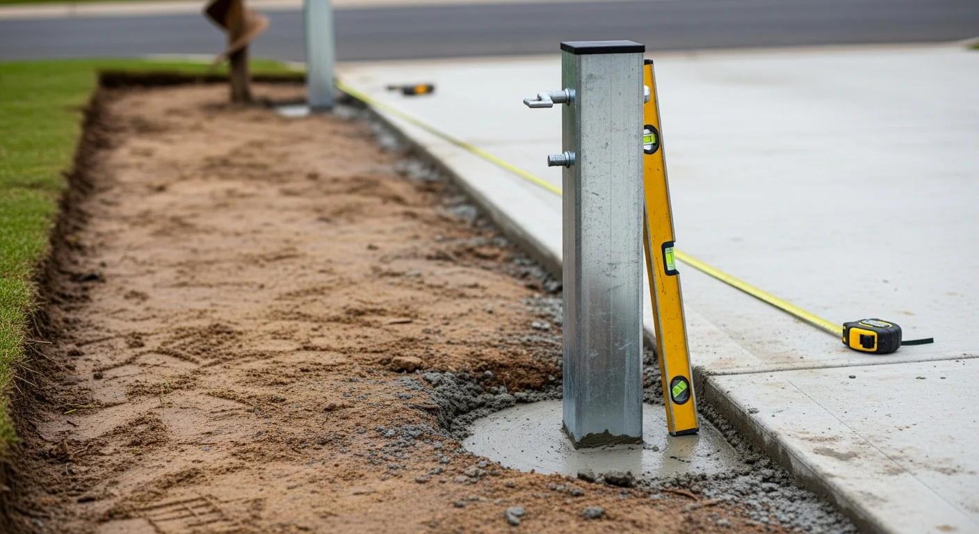 A pair of steel gate posts freshly installed in concrete footings at the front of a residential property in Watson, ACT. The posts are plumb and evenly spaced, ready for a driveway gate to be hung.