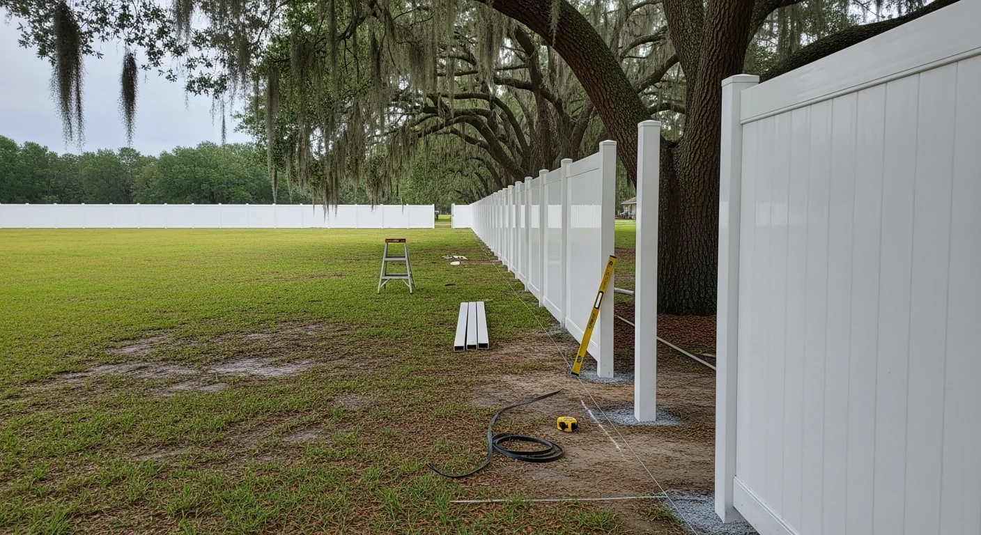 A white vinyl privacy fence installed along the backyard boundary of a single-family home in Watson, Louisiana. The fence panels are level and clean against a green lawn with a residential neighborhood visible in the background.